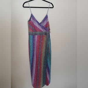 Saylor Meghan Metallic Midi Dress Multi Color Stripe Size L NWT